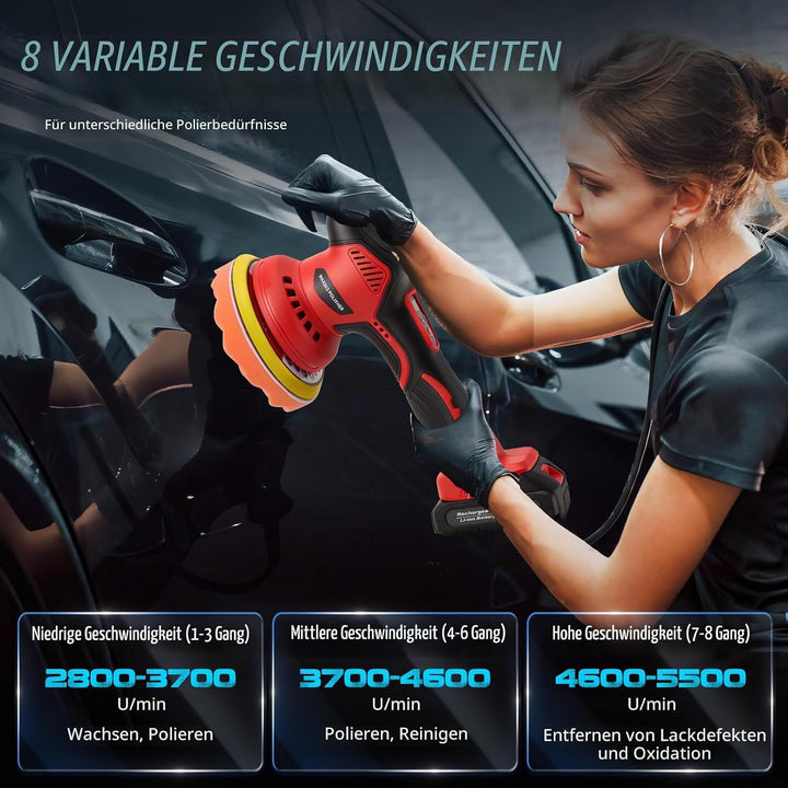 Akku Poliermaschine für Auto, 21V Polishing Machine, 8 Variable Geschwindigkeit - 2800-5500 RPM, mit