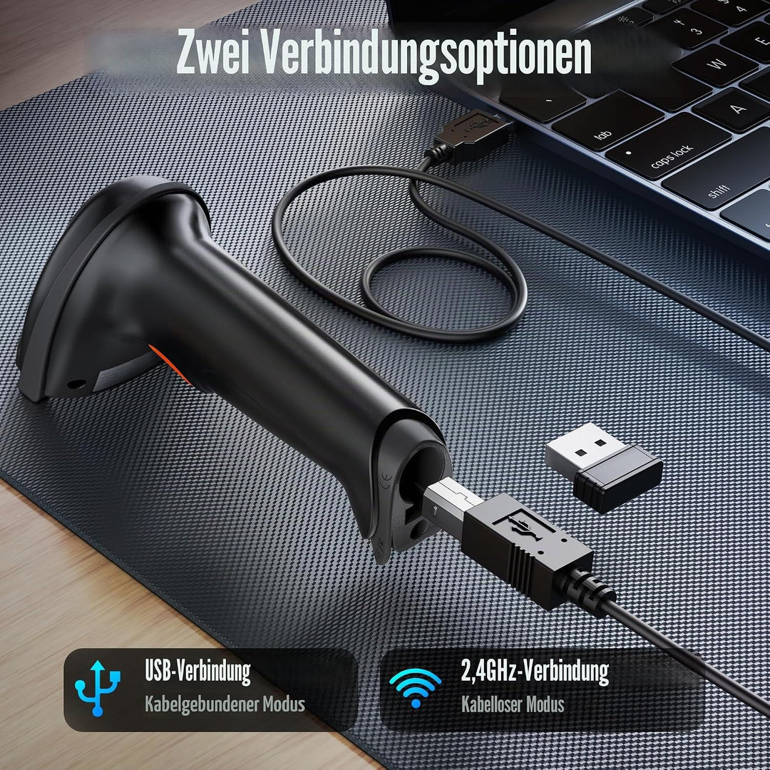 Tera Kabelloser Barcodescanner Handheld 1D Laser Wireless und USB Wired mit Akkustandsanzeige, Extra
