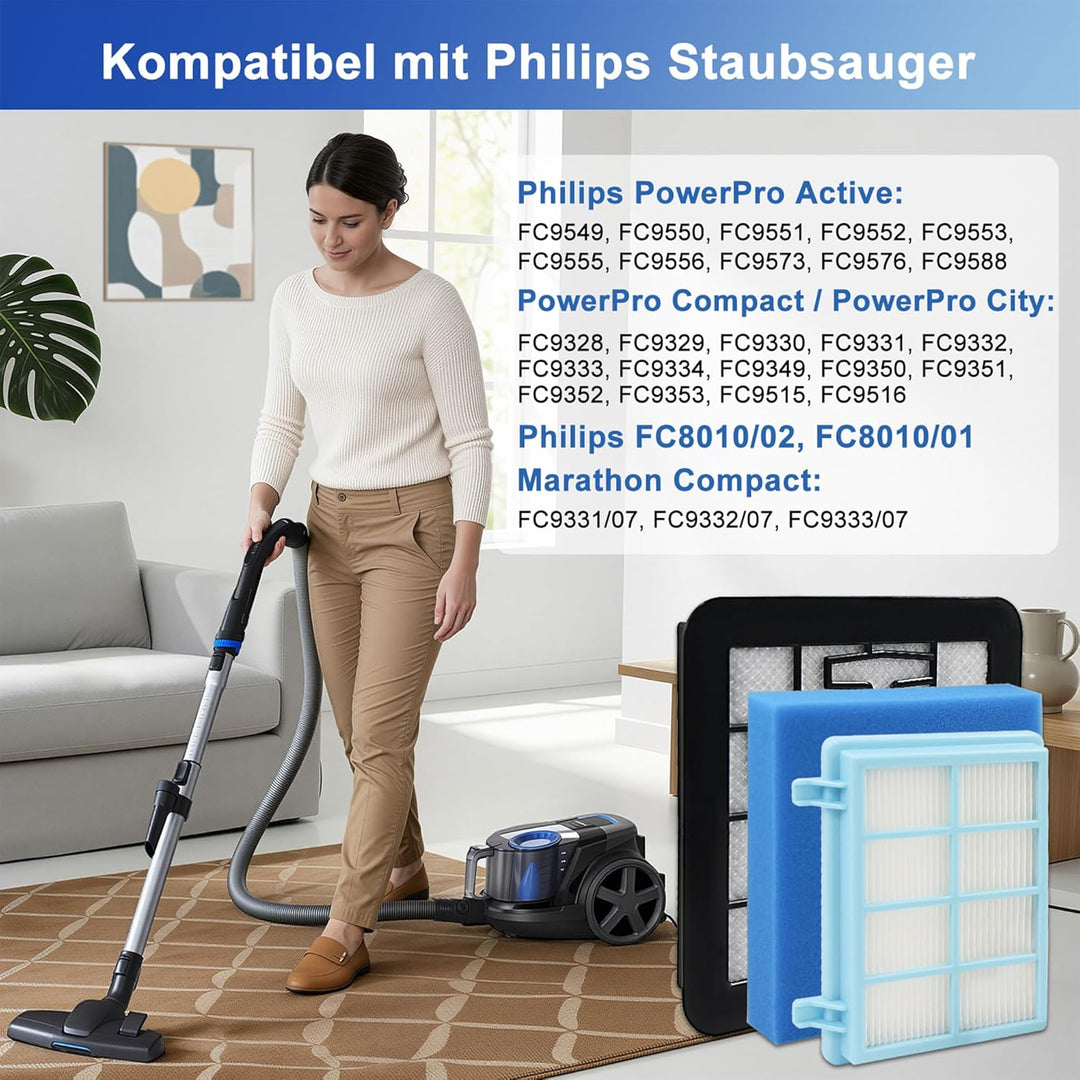 Fishoney 3 Stück Filter Kompatibel mit Philips PowerPro Compact und Active Bodenstaubsauger,FC8010/0