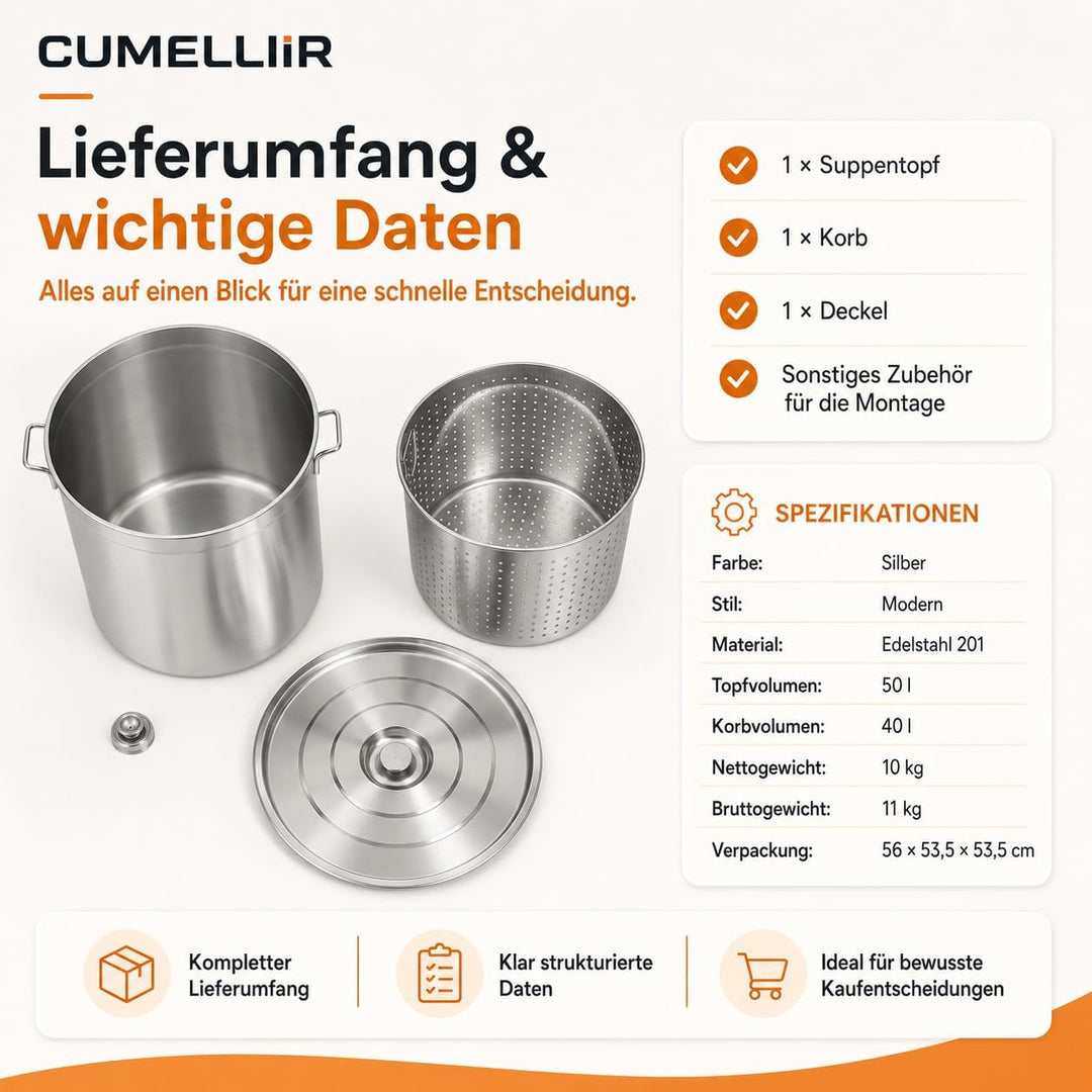Edelstahl Kochtopf 50 Liter, Suppentopf Gross Mit Korb And Deckel, Grosser Topf Für Induktionsherden