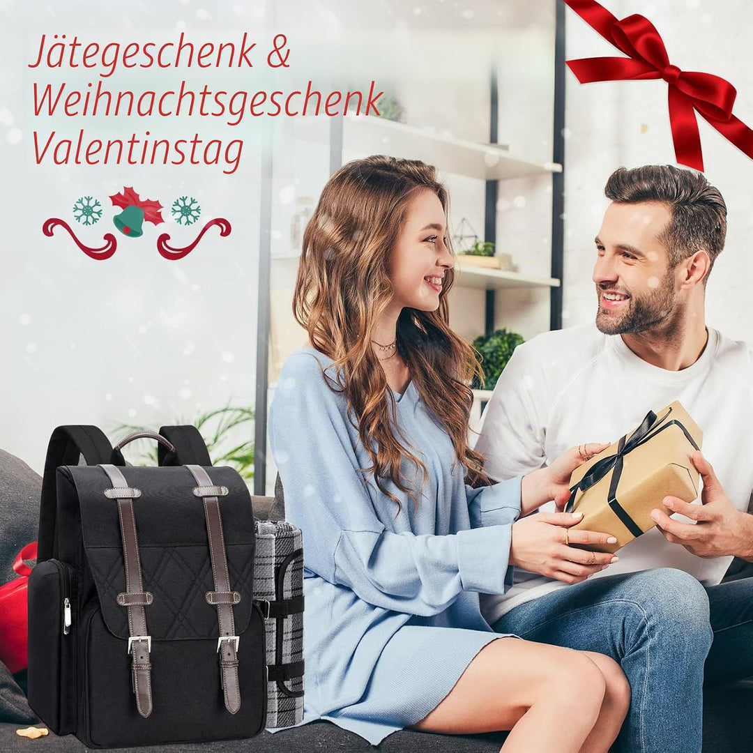 Picknick-Rucksack für 4 Personen mit grosser isolierter Kühltasche, Picknickkorb-Set mit Weinbeutel,