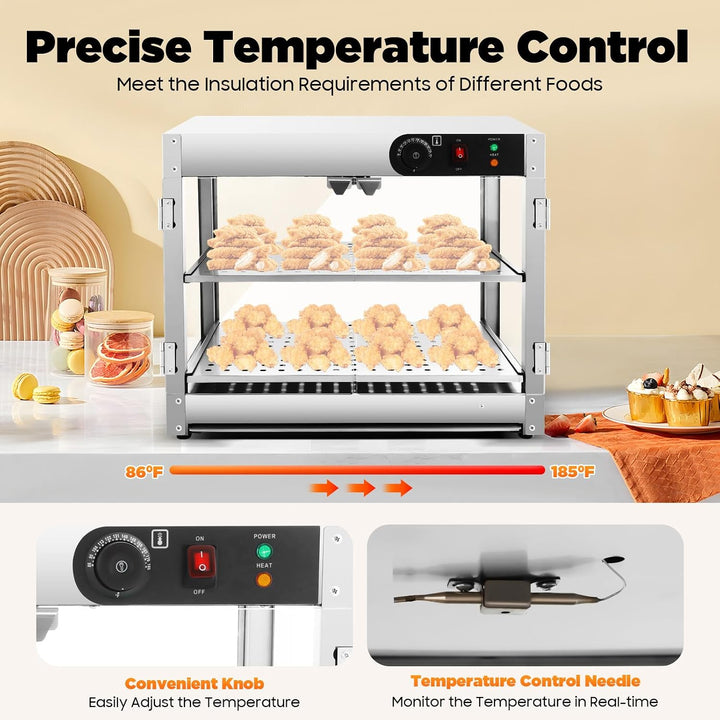 800W Warmhaltevitrine Edelstahl 2 Ebenen 30-85°C Thekenvitrine | für Bäckerei/Café/Kantine/Fast Food