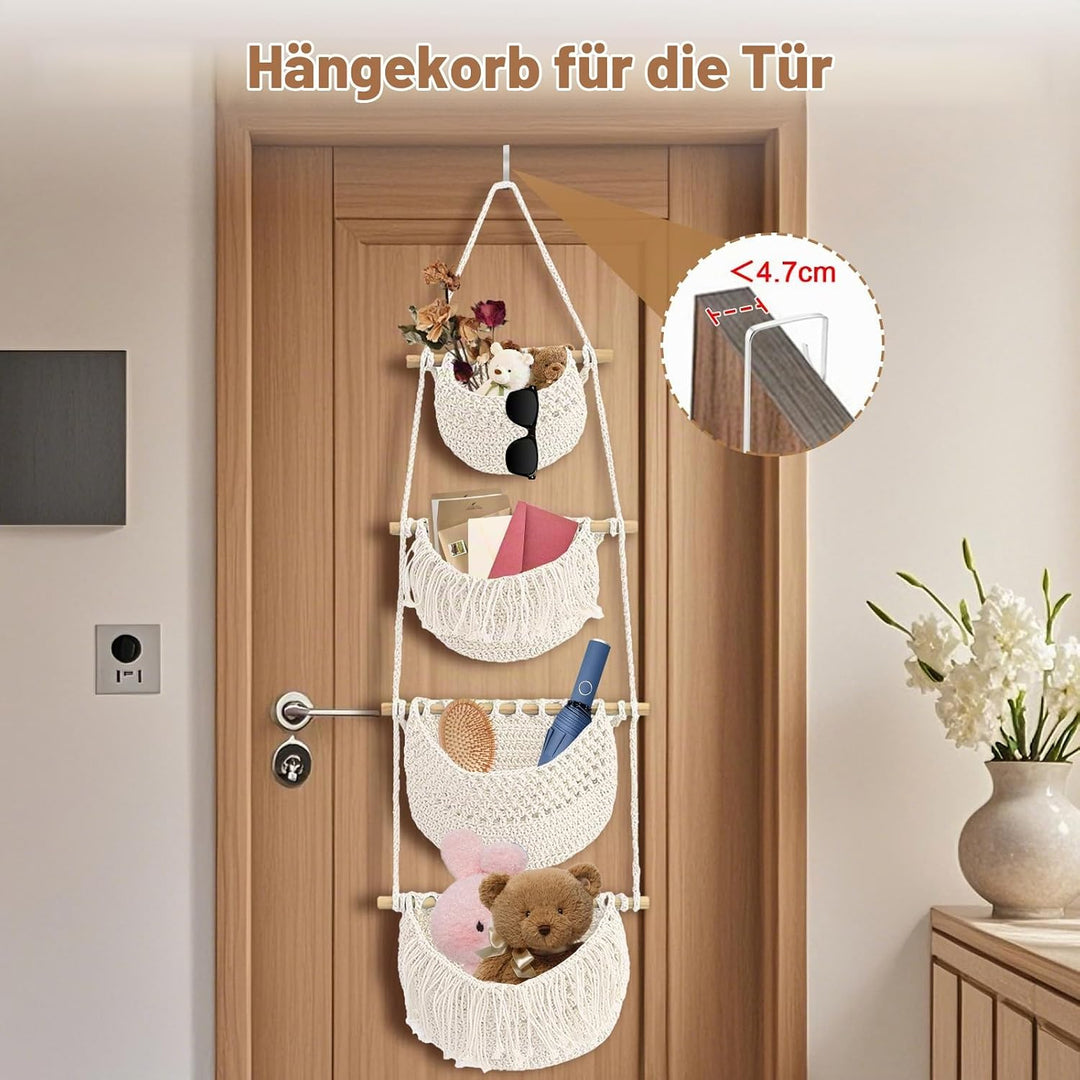 Yiomxhi 4 Stöckig Hängender Organizer Wand Hängekorb, Baumwollseil Hängeorganizer Tür Wandkorb mit 4