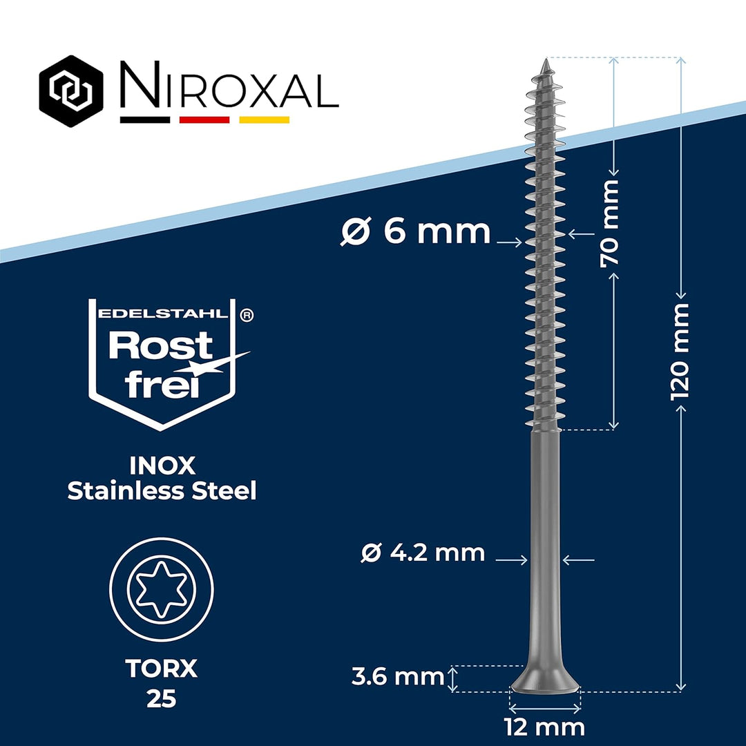 Edelstahlschrauben Torx Holzschrauben 6x120 Edelstahl V2A rostfrei Spanplattenschrauben für Holz Tei