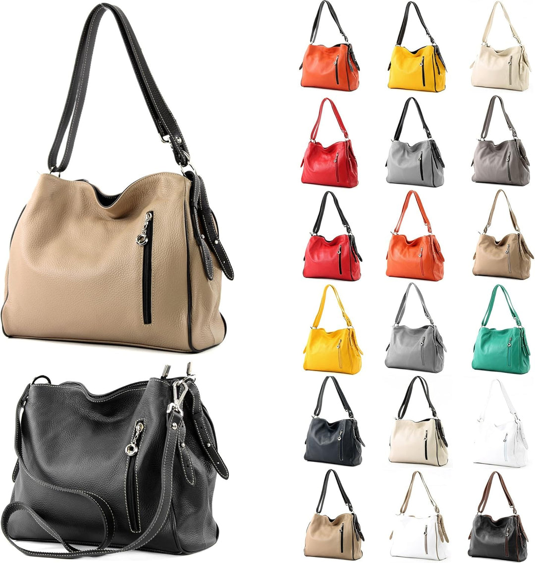 modamoda de T119 / T220 Damen Leder Schultertasche Umhängetasche 2 Grössen handmade in Italy Grau/Du