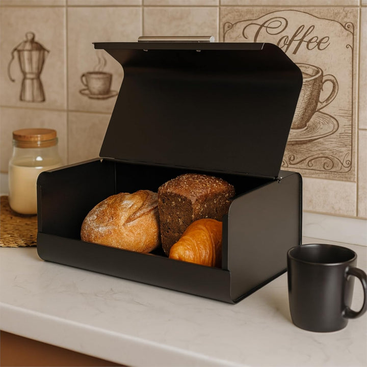 Metall-Brotkasten 36 cm, schwarzer Brotkasten mit Klappdeckel und Edelstahlgriff, kompakte Brotbox f