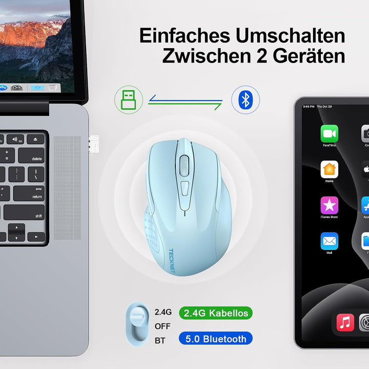 TECKNET Bluetooth Maus, Wiederaufladbare Maus Kabellos(DREI Modi: BT 5.0/3.0 + 2.4G), 4800 DPI, Ergo