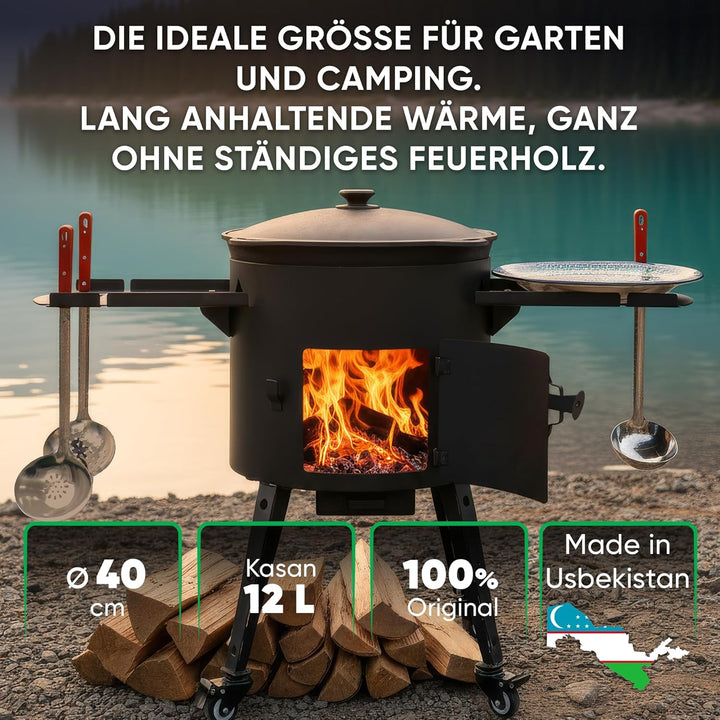 Utschak Feuerofen Ø 40cm & Gusseisen Kazan 12L Ø 42,5cm| Ablage, Räder & Schaumlöffel | Kasan mit De