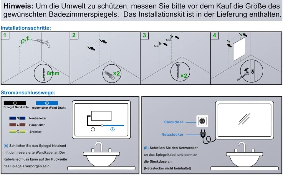 Biubiubath Badspiegel mit Beleuchtung,70x50cm LED Wandspiegel mit Wandschalter/Touch-Schalter,Beschl