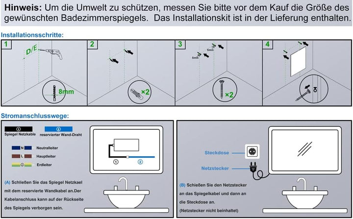 Biubiubath Badspiegel mit Beleuchtung,80x60cm LED Wandspiegel mit Touch-Schalter,Beschlagfrei,Badezi