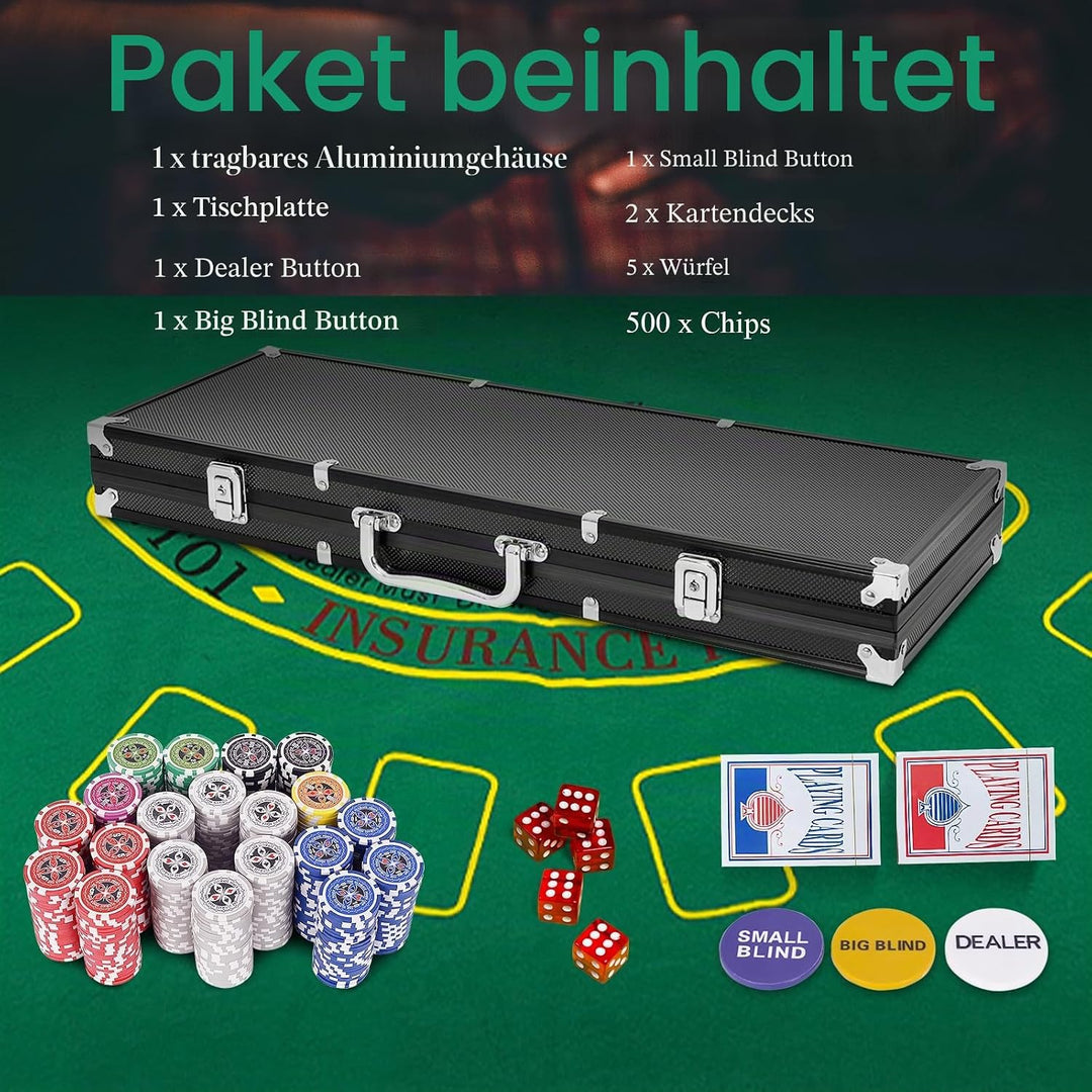 HOMASIS Pokerset mit 500 Chips, Alu Pokerkoffer mit 2 Kartendecks, 5 Würfeln, 3 Dealer Button &amp; Matt