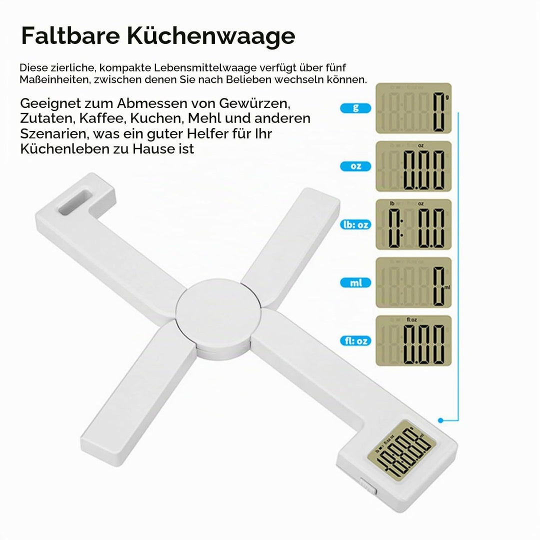 Kompakte Faltbare Küchenwaage, Präzise Faltbare Lebensmittelwaage mit LCD-Display, 1-Klick-Nettogewi