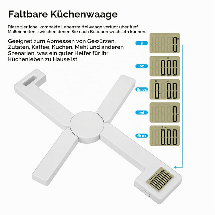 Kompakte Faltbare Küchenwaage, Präzise Faltbare Lebensmittelwaage mit LCD-Display, 1-Klick-Nettogewi