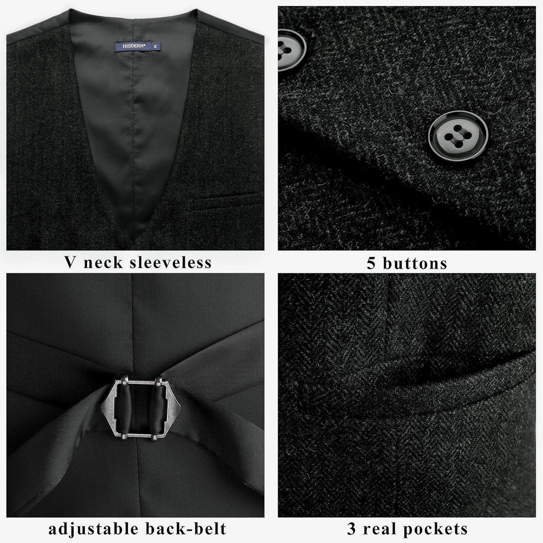 HISDERN Herren Anzugweste Herringbone Weste Hochzeit Herrenweste Formale Tweed Wollweste Classic Bas