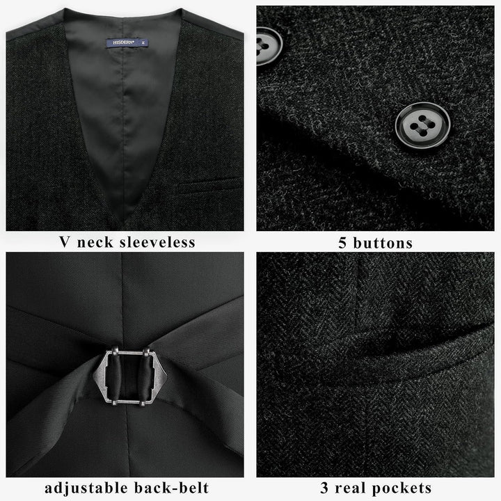 HISDERN Herren Anzugweste Herringbone Weste Hochzeit Herrenweste Formale Tweed Wollweste Classic Bas