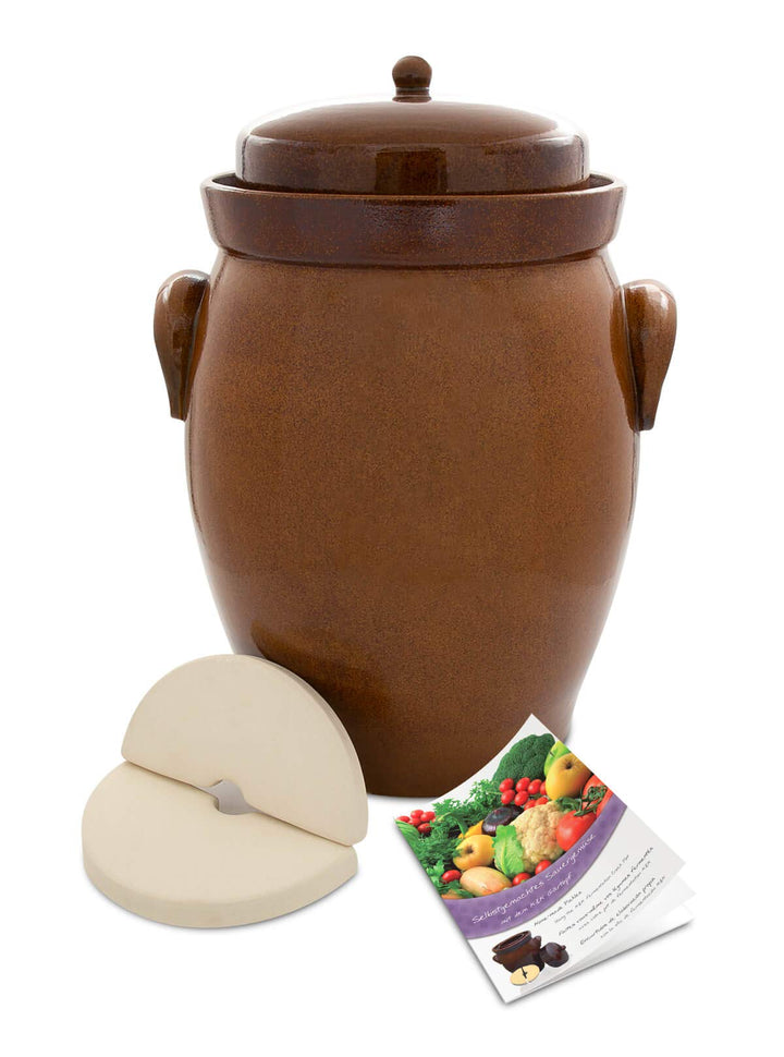 KERAZO Gärtopf 26 Liter aus Steinzeug Keramik inklusive Deckel + Stein + Anleitung [Form 2] BRAUN -