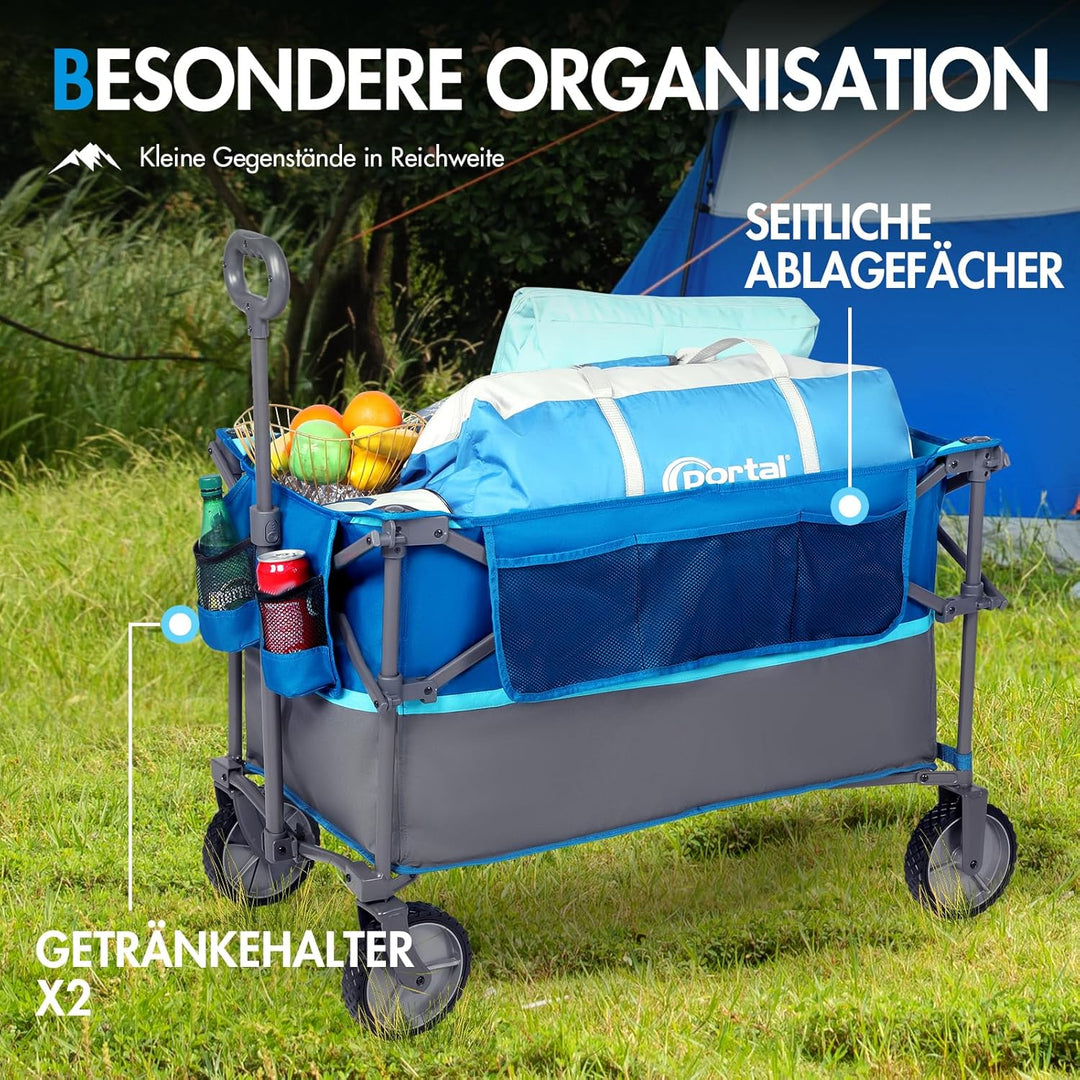 Portal Bollerwagen faltbar 225L XXL Grosse Ladefläche Handwagen mit Getränkehalter Seitentasche Tran