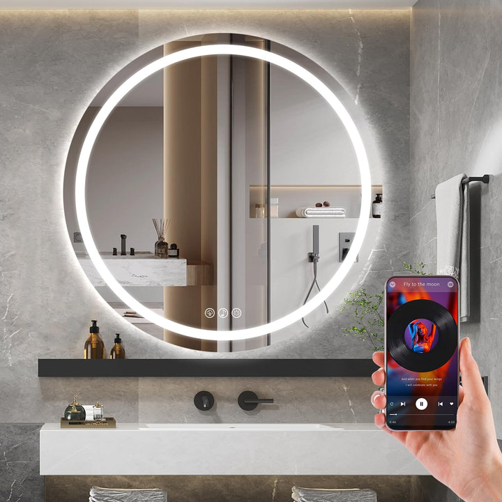 Ratsamee Runder Spiegel mit Beleuchtung, 80cm Bluetooth Badezimmerspiegel mit Beleuchtung, Wandspieg