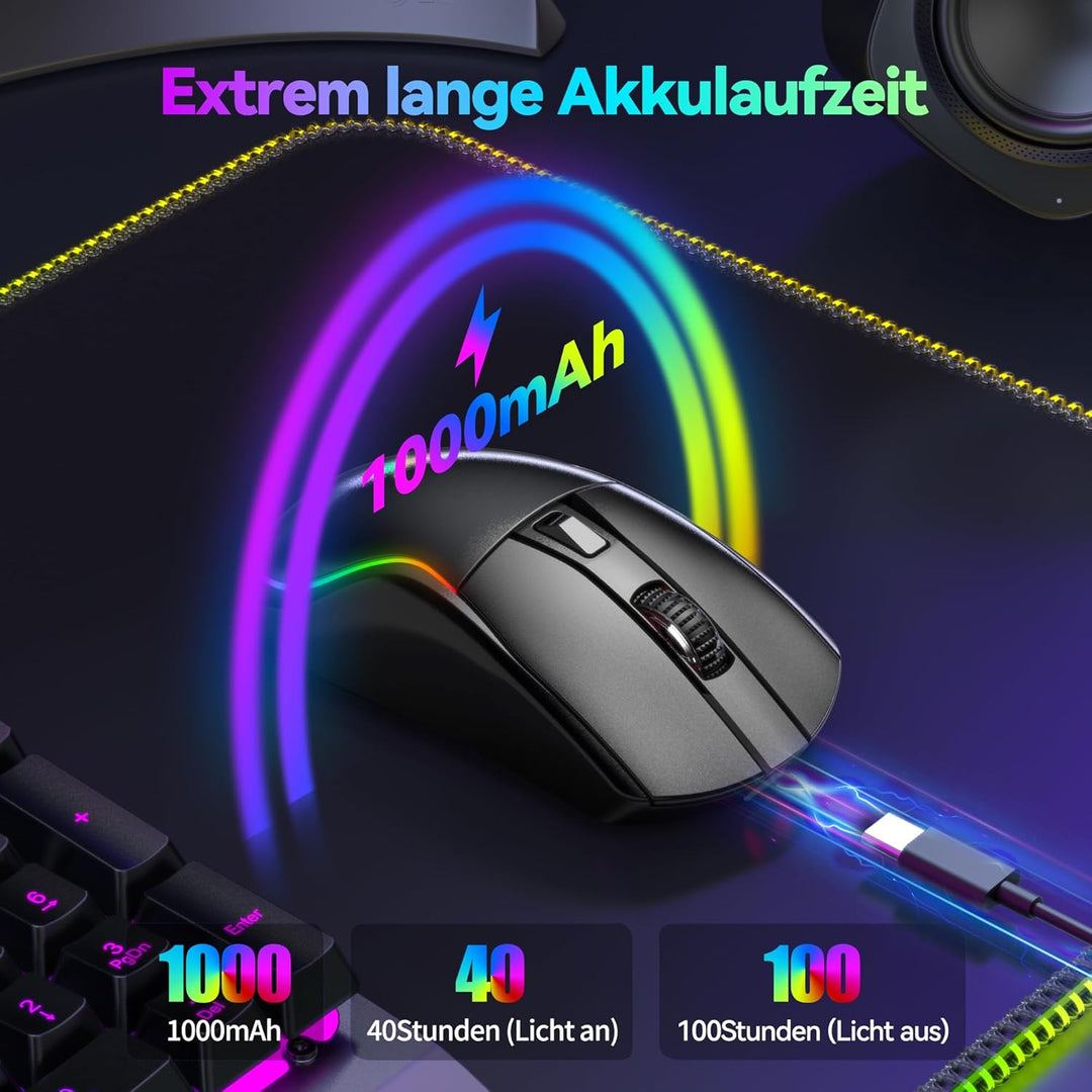 TECKNET Gaming Maus Kabellos, 24000 DPI mit DREI Verbindungsmodi und 6 RGB-Leuchten, Wiederaufladbar