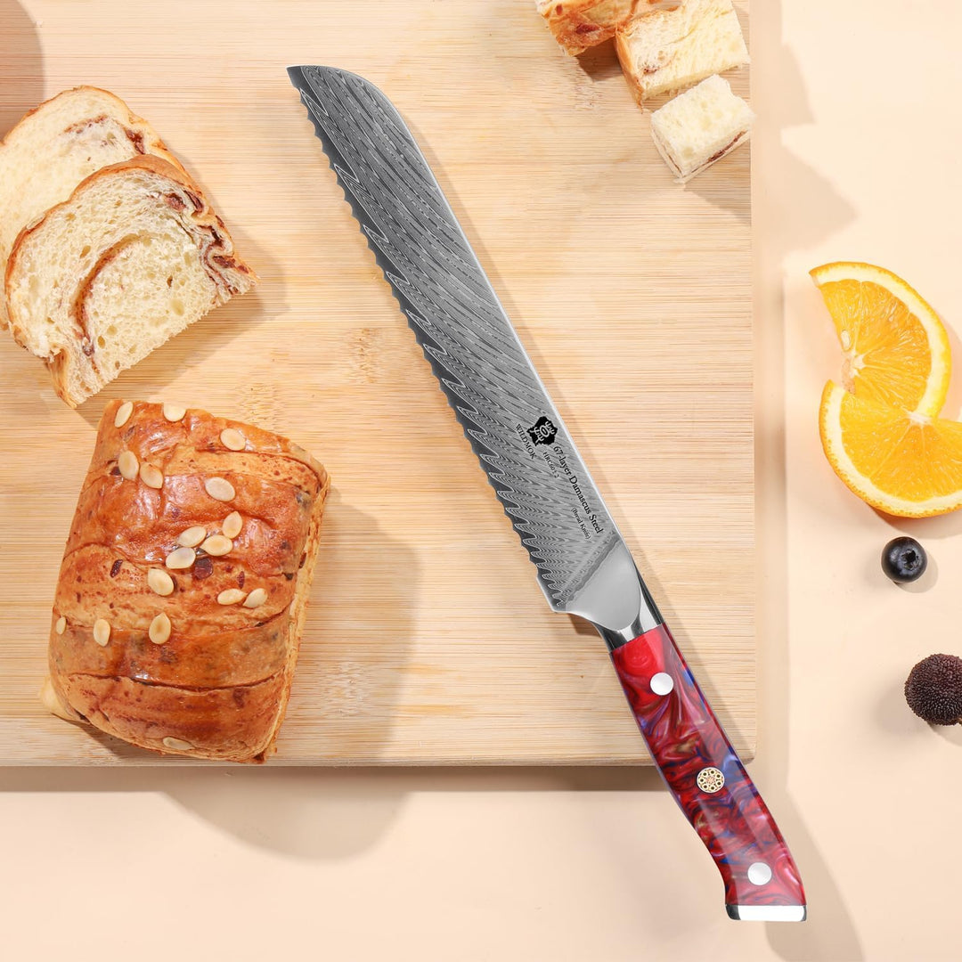WILDMOK Brotmesser mit Wellenschliff 20cm, Brotmesser aus Damaststahl, 67 lagiger japanischer, Brotm