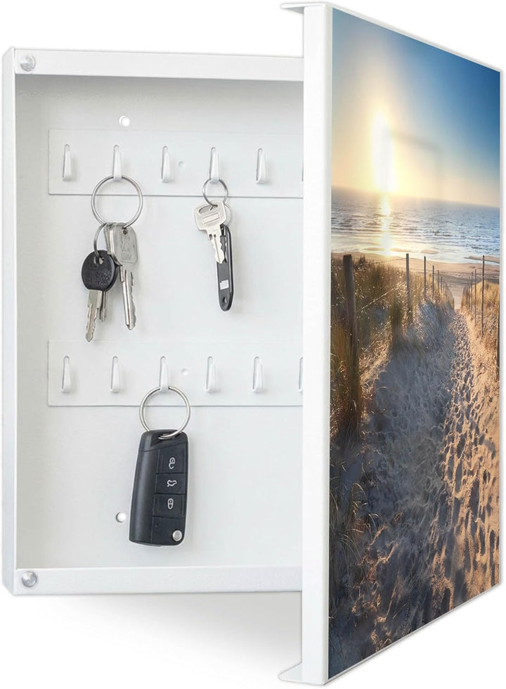 banjado® Grosser Schlüsselkasten Glas/Schlüsselbox 30cm x 30cm mit 50 Haken - Motiv Nordseestrand/Sc