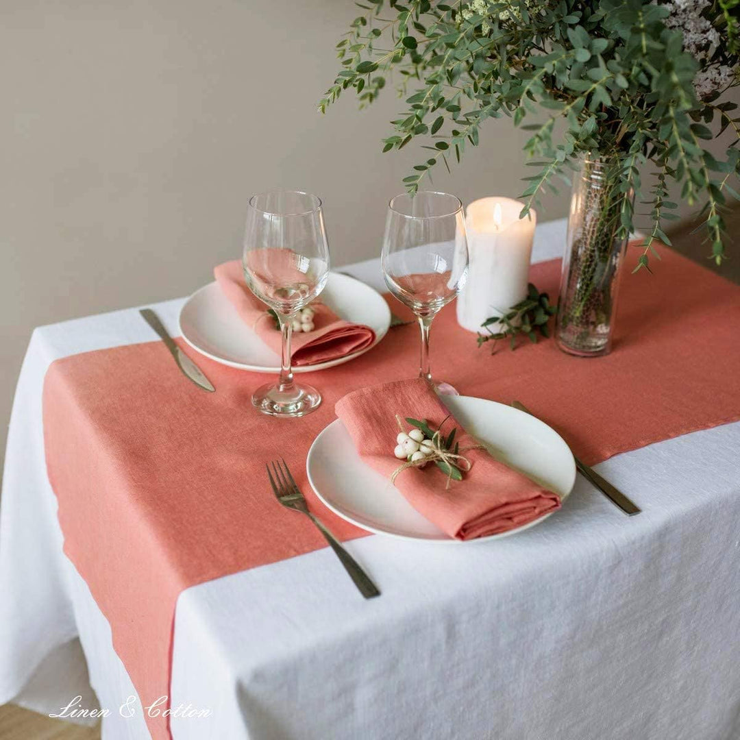 Linen &amp; Cotton Tischläufer Stoff Tischband Tischdeko Hygge 100% Leinen, Coral Rosa (40 x 150 cm) Rec