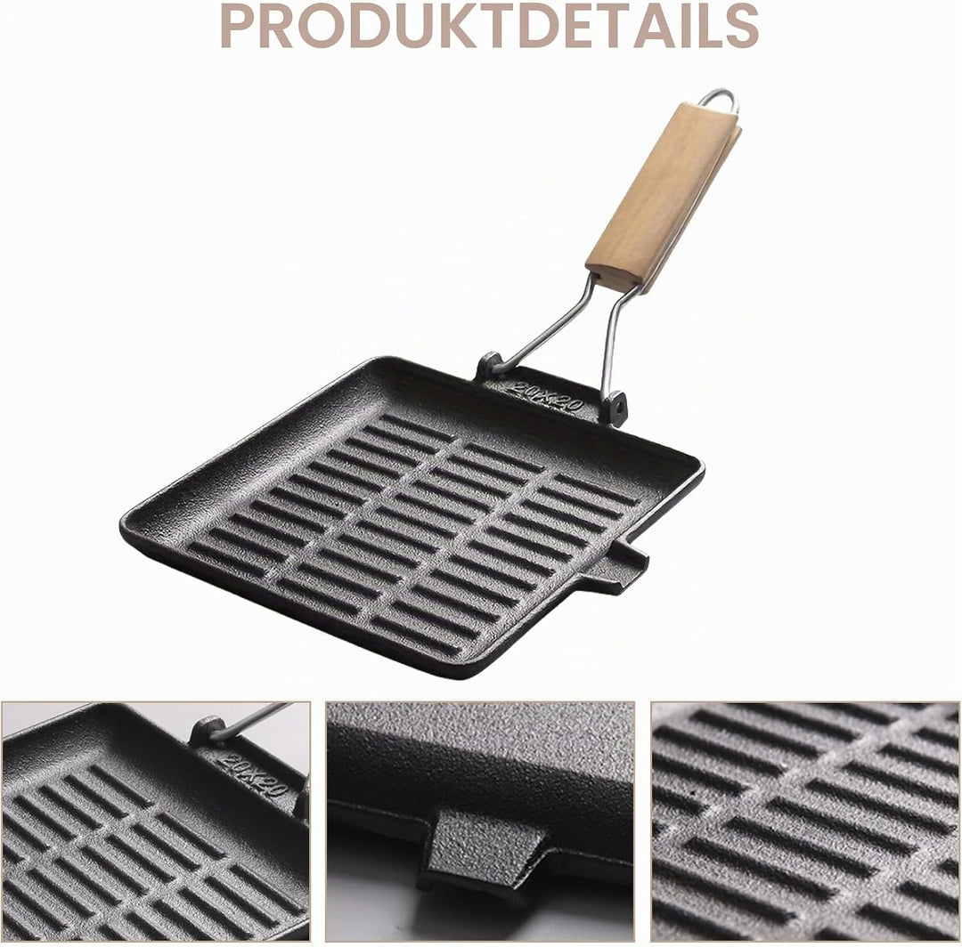 Grillpfanne Induktion: Steakpfanne Gusseisen mit Abnehmbarer Griff, 20 x 20 cm Antihaft Beschichtet