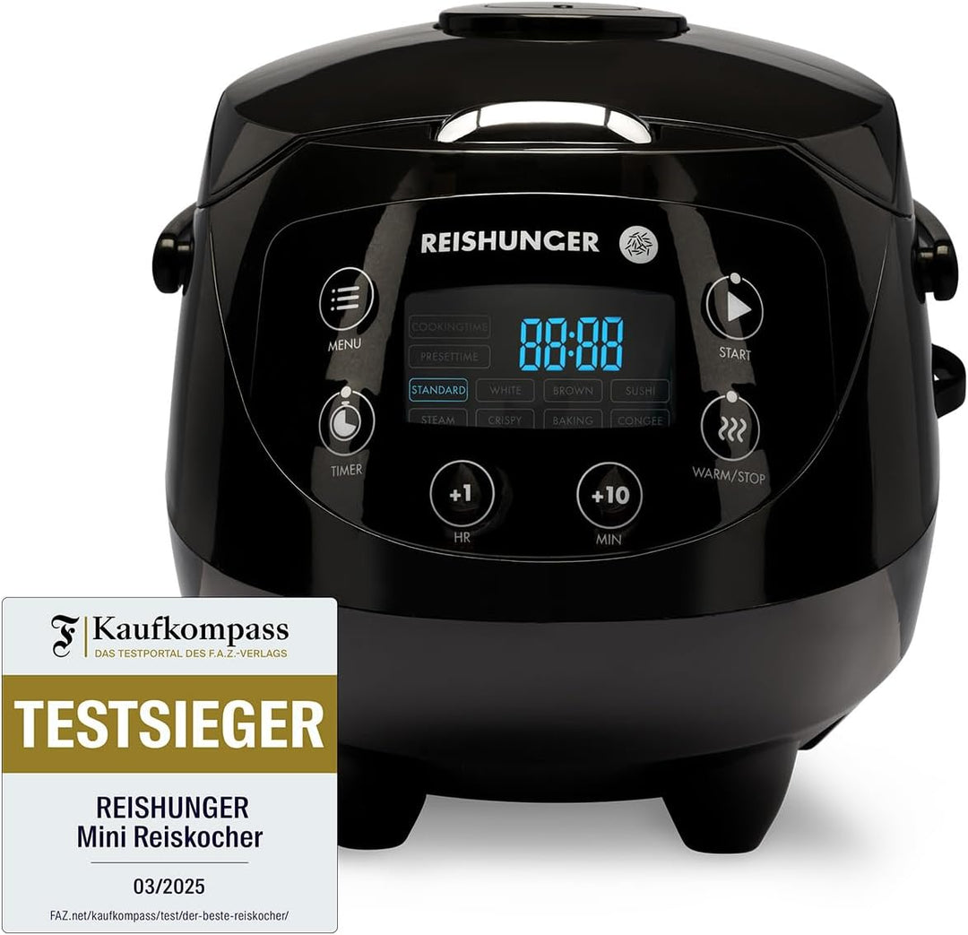 Digitaler Reishunger Mini Reiskocher und Dampfgarer in Schwarz - Warmhaltefunktion, Timer & Premium