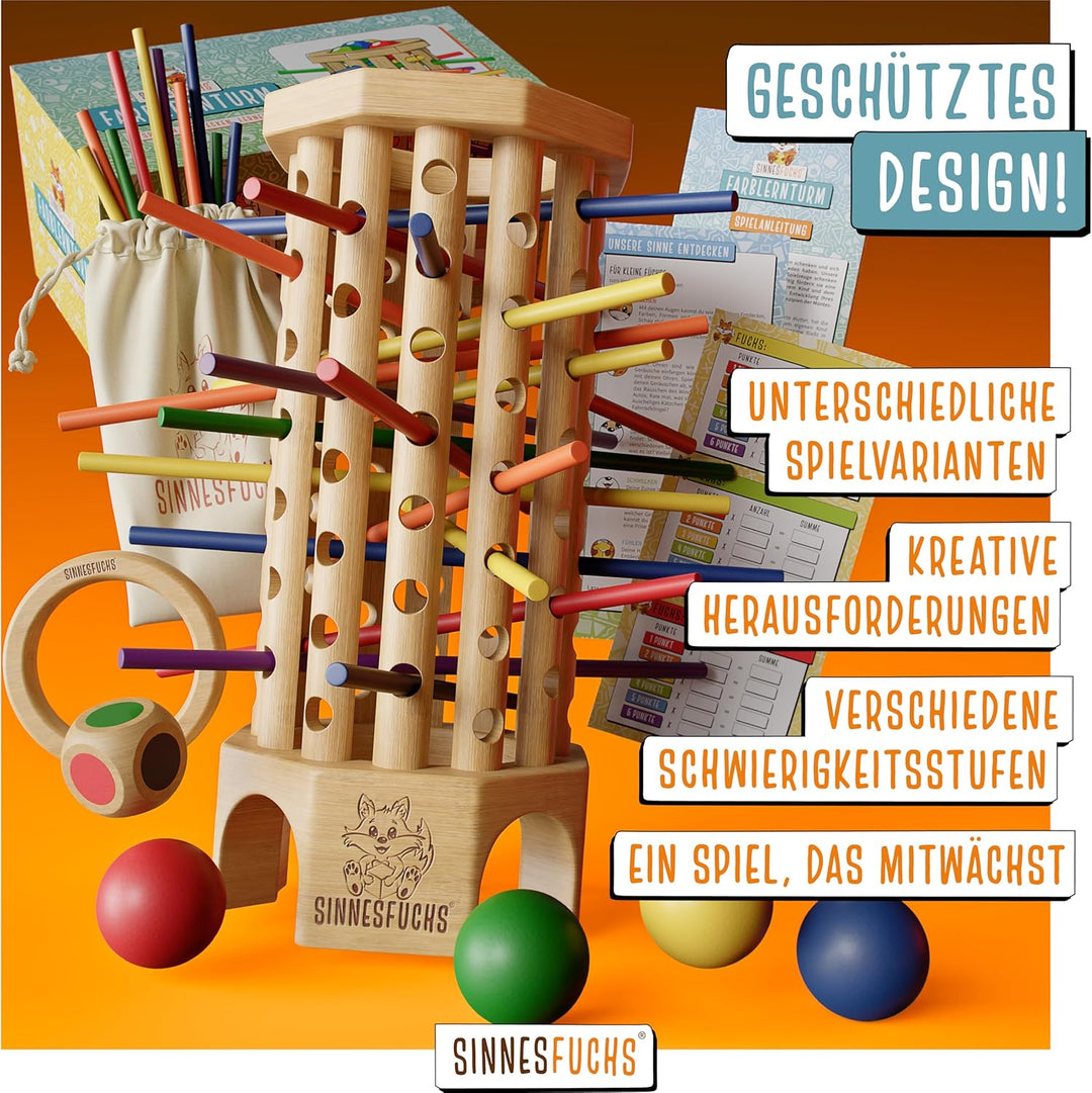 SINNESFUCHS® Farblernturm - Montessori Spielzeug ab 3 Jahre - Holzspielzeug pädagogisch wertvoll - L