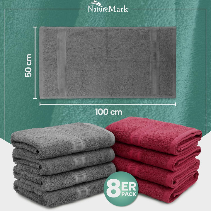NatureMark NM-HT0860 Frottier Handtücher, 8-er Pack, 50 x 100 cm, 100% Baumwolle (Anthrazit/Bordeaux