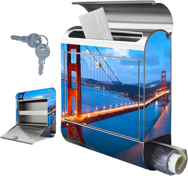 banjado® Briefkasten Edelstahl mit Motiv Golden Gate Bridge 38x43x12cm &amp; 2 Schlüssel - rostfreier Ed