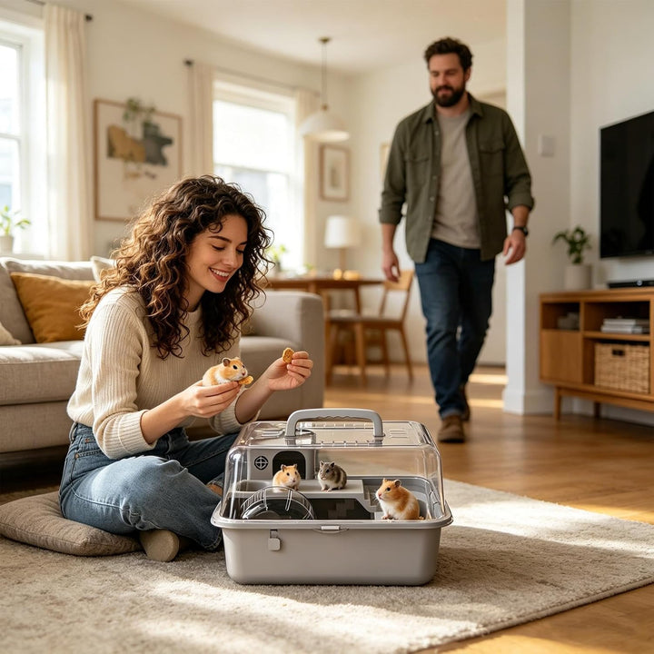 Hamsterhaus – mit Laufrad, transparente Tragetasche, 30,5 cm, Hamsterbox, Kleintierhaus, für syrisch