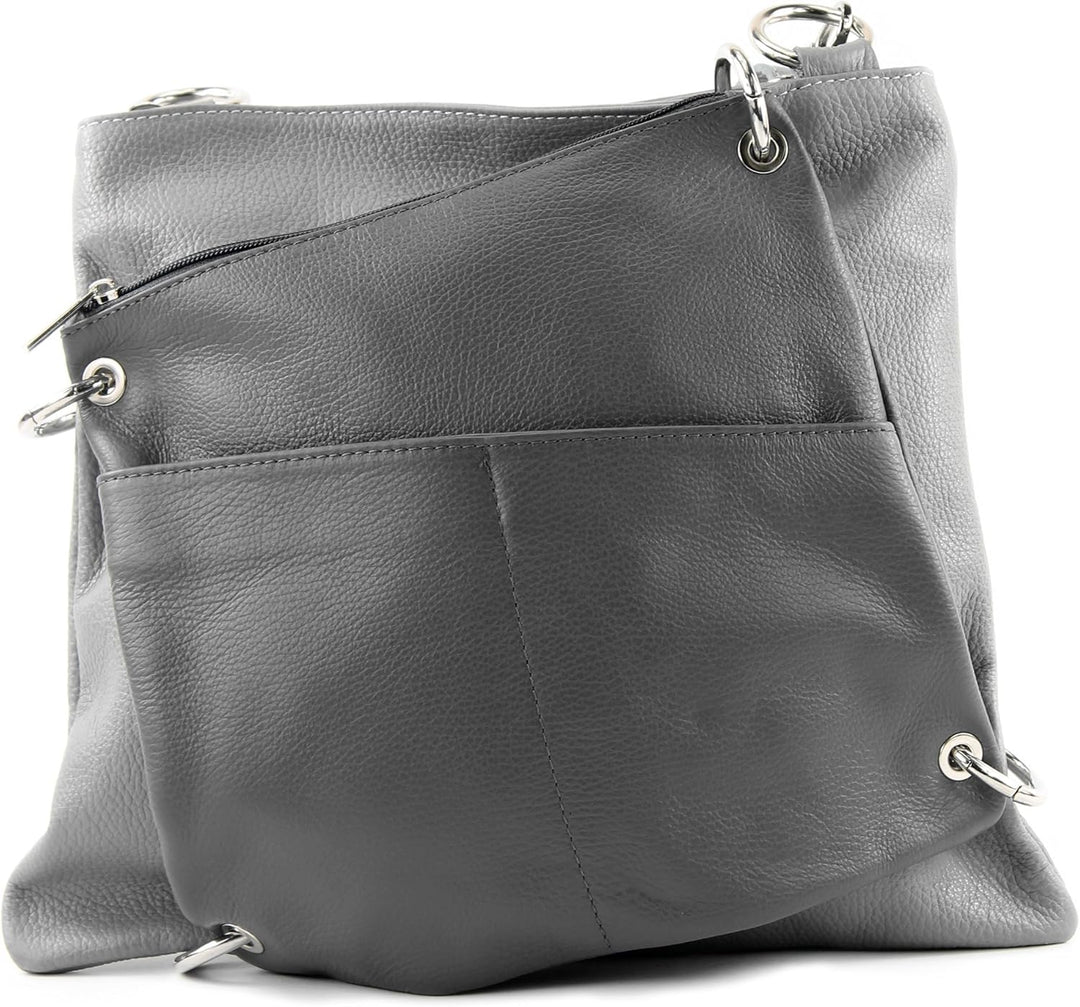 modamoda de - T140 - ital Messengertasche Umhängetasche 2in1 Leder Grau/Dunkelgrau, Grau/Dunkelgrau