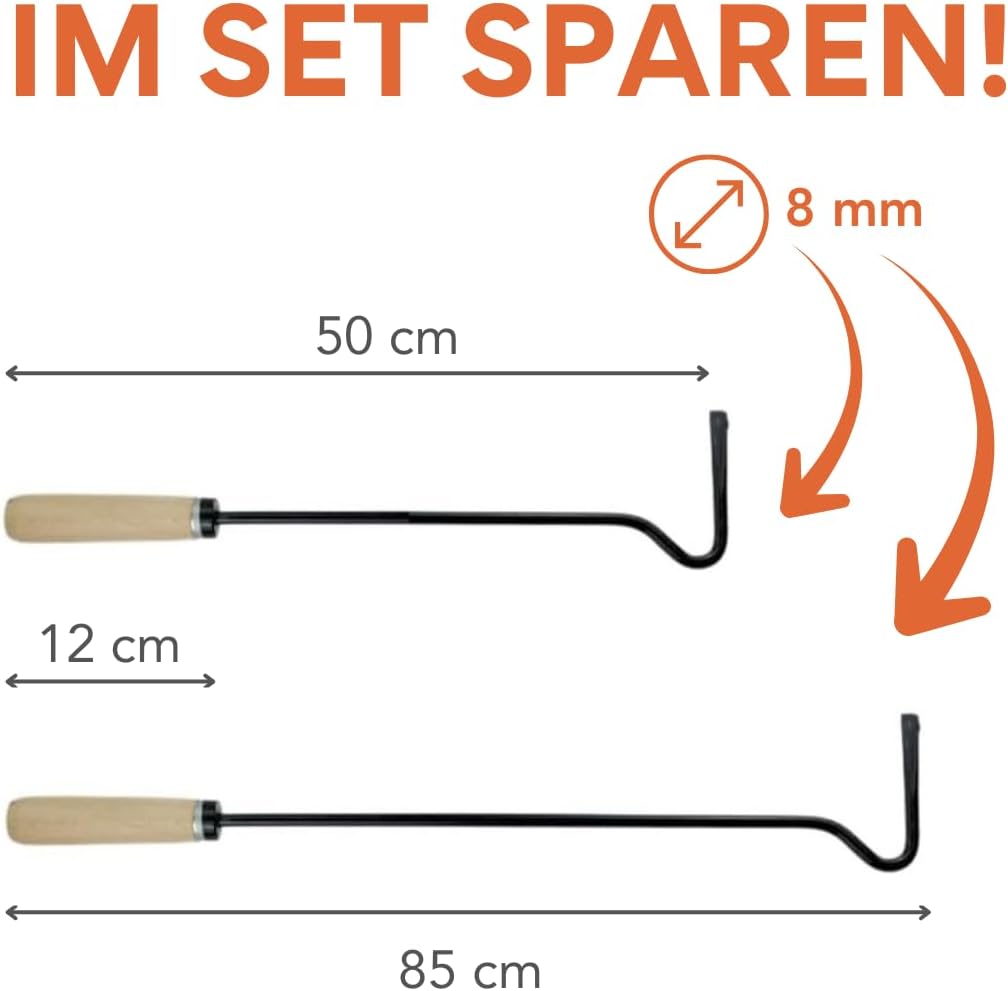2er Set Schürhaken, Länge 50 cm &amp; 85 cm EU-Herstellung Feuerhaken aus Stahl Ø 8 mm, Schüreisen Kamin