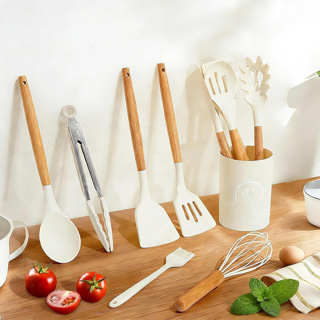 33 Stück Küchenhelfer Set, Silikon Küchenutensilien Set, Antihaft Hitzebeständiger Holzgriff Kochbes