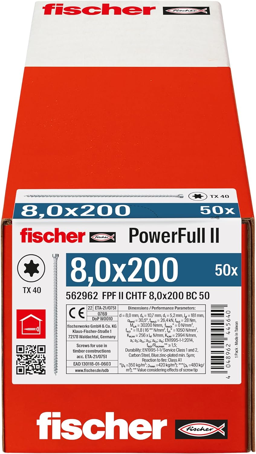 fischer PowerFull II 8,0 x 200, Premium Vollgewindeschraube (50 Stk.) mit innovativer Spitzengeometr