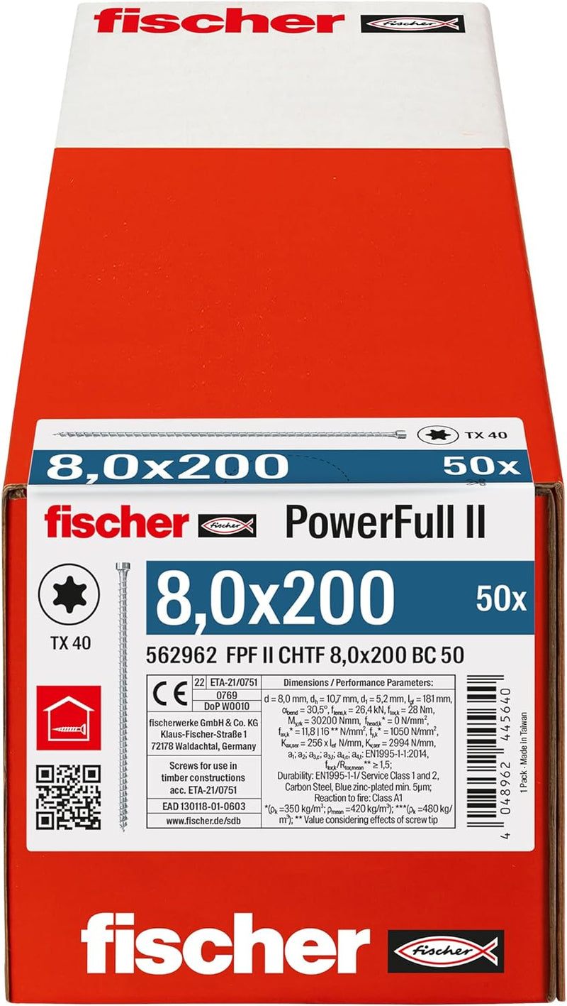 fischer PowerFull II 8,0 x 200, Premium Vollgewindeschraube (50 Stk.) mit innovativer Spitzengeometr