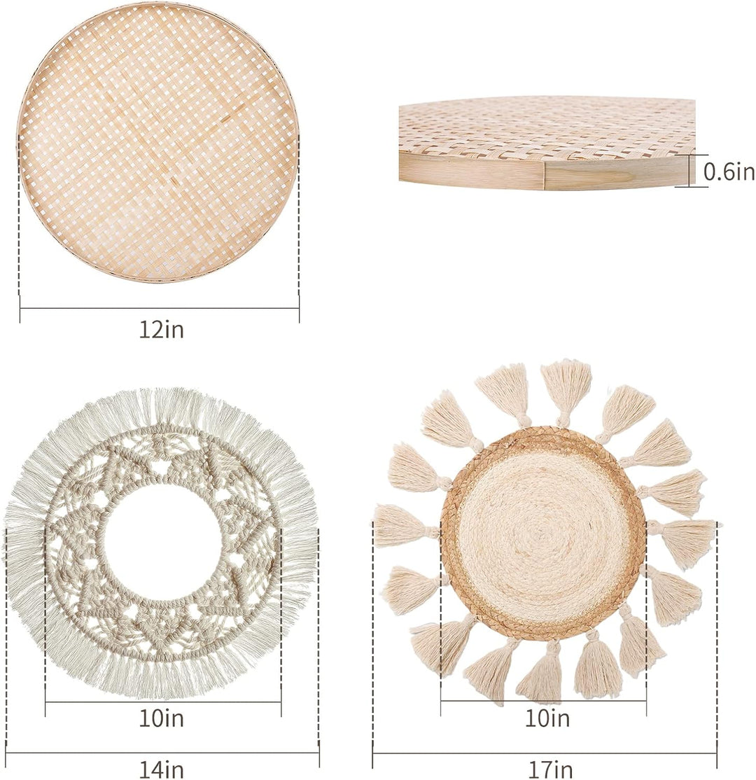 Boho-Wandbehang, flach, rund, gewebt, Makramee-Quasten, weisser Wandteppich, Bambus-Wandkorb, Servie