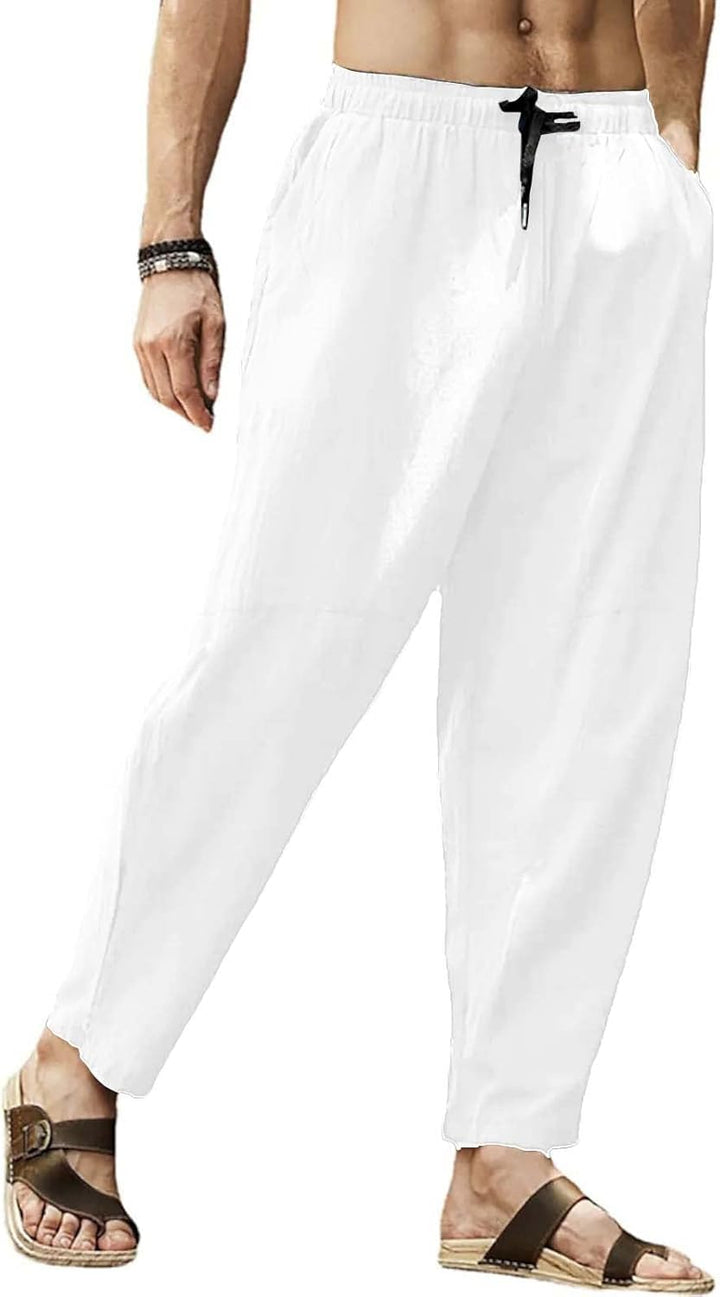 Leinenhose Herren Sommerhose Herren Leicht Yogahose Freizeithose mit Elastische Gürtel, M Weiß