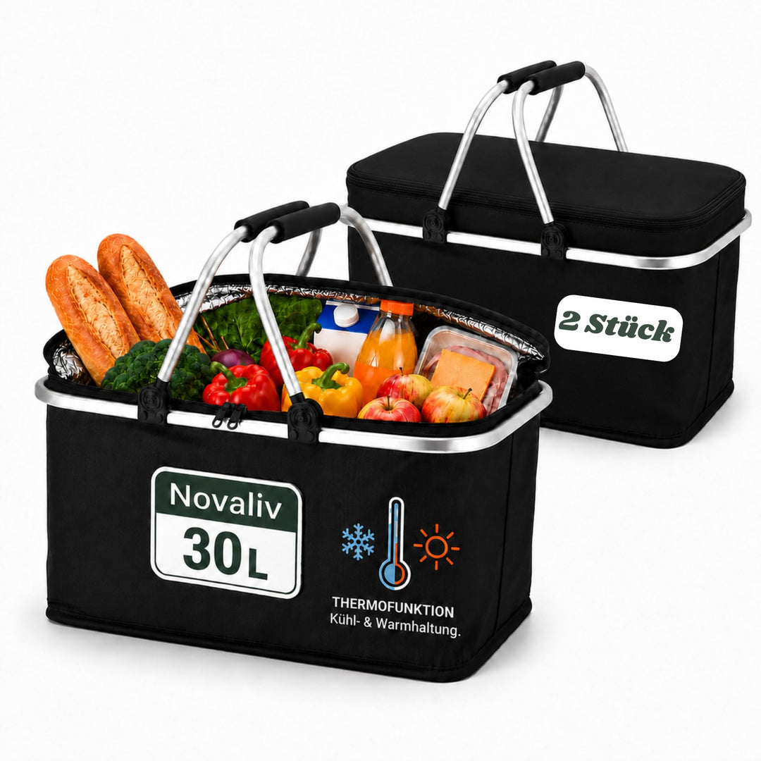 Novaliv 2X Einkaufskorb faltbar mit Kühlfunktion 30 Liter SCHWARZ Isolierkorb mit gepolsterten Trage