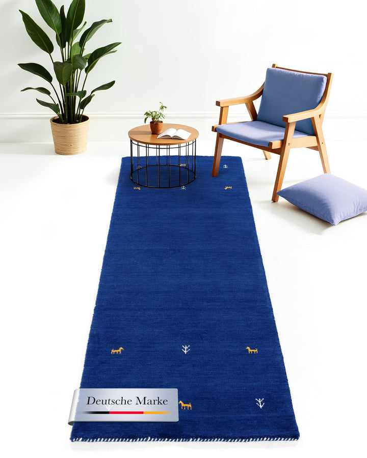 carpetfine Wollteppich Gabbeh Uni Läufer Blau 60x180 cm | Moderner Teppich für Wohn- und Schlafzimme