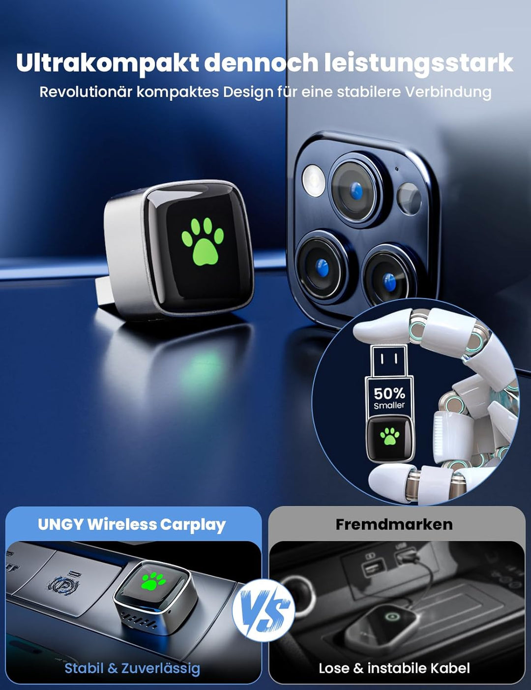 CarPlay Wireless Adapter für Apple 2026 Upgrade, Wired zu Wireless CarPlay, USB & Type-C Dual-Port,