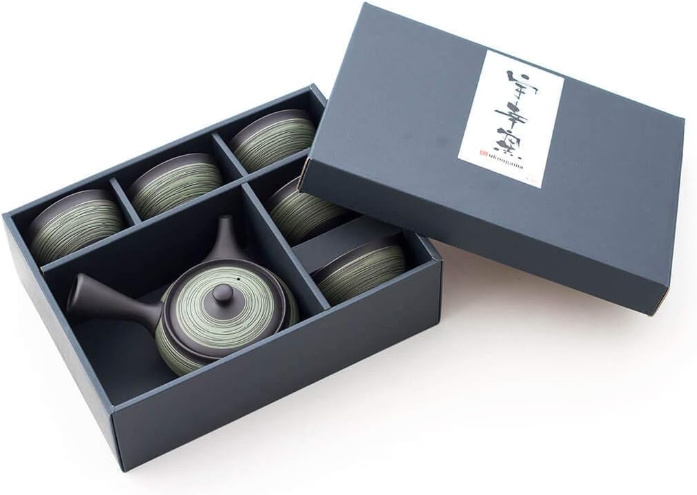 Original japanische Teekanne, Kyusu, mit 5 Becher: Nichiyobi. Integriertes Tee-Sieb aus Edelstahl. E