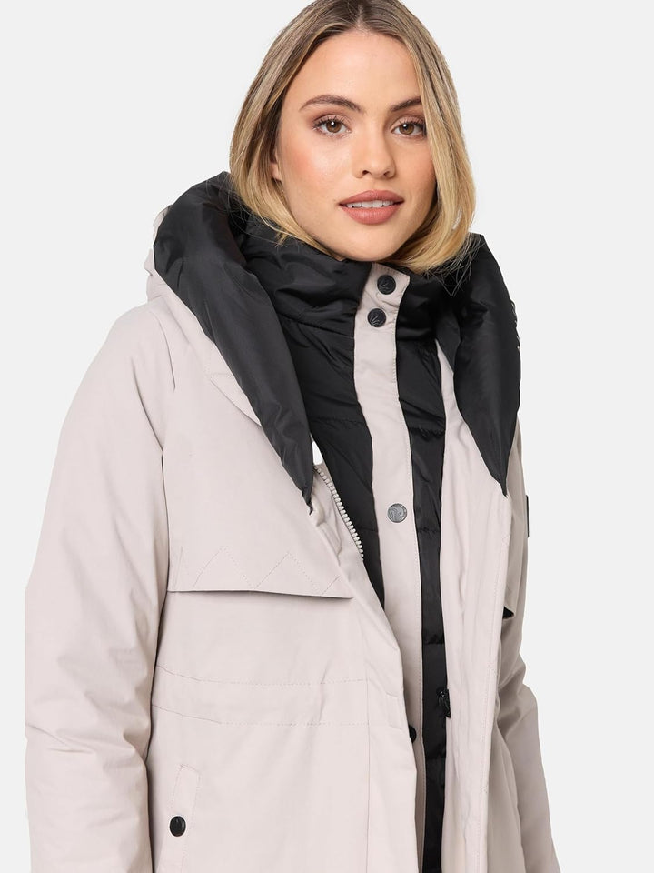 Navahoo Damen Mantel Lange warme Winter Steppjacke mit Kapuze und magnetischen Elementen Snowelf XS-