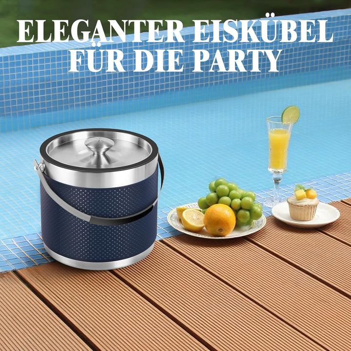 3.2L Eiswürfelbehälter mit Deckel und Schaufel, Upgrade Lederdesign Edelstahl Eiskübel, Doppelwandig