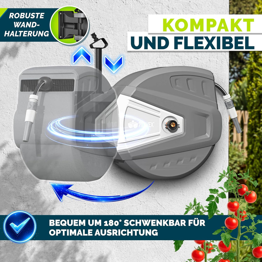 tillvex Schlauchtrommel Wasser mit Wandhalterung + Tragegriff | Schlauchaufroller mit Handbrause und