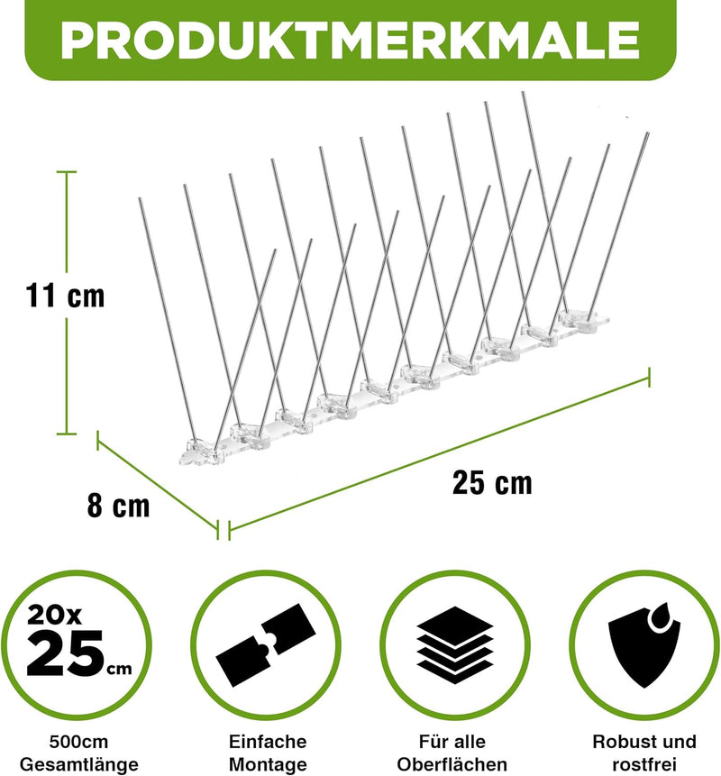 ISOTRONIC Vogelabwehr 5 Meter Taubenabwehr Spikes mit Sollbruchstellen - Taubenabwehr Balkon, Dach u