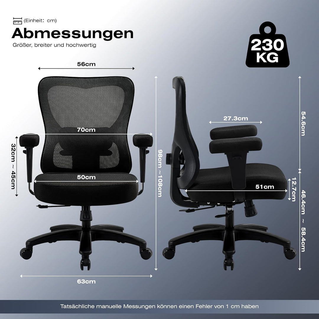 Hellove Bürostuhl Ergonomisch 230KG, Schreibtischstuhl mit Verstellbarer Armlehnen und Lendenwirbels