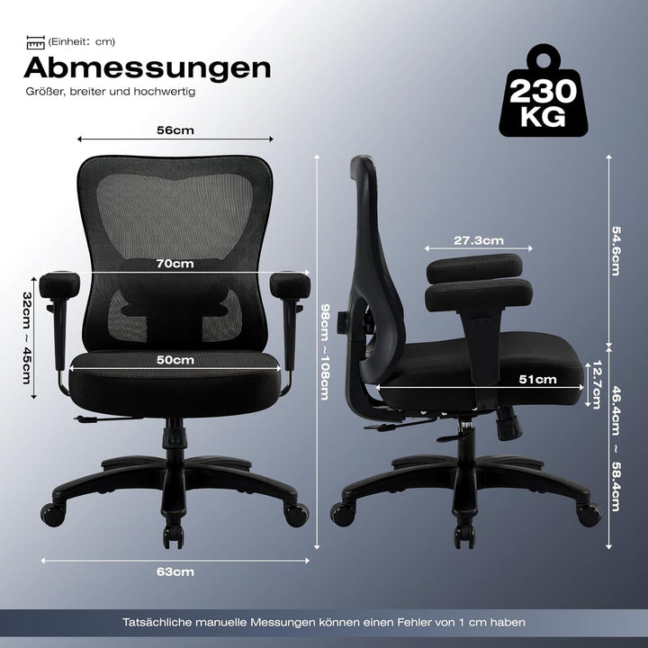 Hellove Bürostuhl Ergonomisch 230KG, Schreibtischstuhl mit Verstellbarer Armlehnen und Lendenwirbels