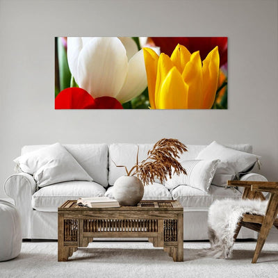 Wandbilder Dekoration Wohnzimmer Tulpen Vase Blumenstrauss Panorama Bilder auf Leinwand 120x50cm Lei